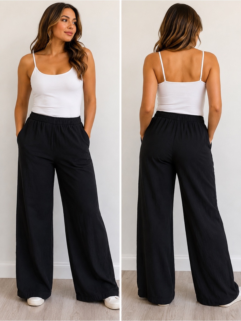 Ace Harmony Black 100% Cotton Wide Leg Pants XL US 14 Elastic Waist Pockets
